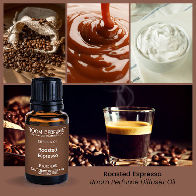 ROASTED ESPRESSO: Roasted Espresso Room Perfume Diffuser Oil is the perfect balance of rich, deep espresso and creamy vanilla. This fragrance oil evokes thoughts of the first sip of freshly brewed espresso with highlights of creamy caramel, sweet butter, roasted coffee bean and rich chocolate. TOP NOTES: Sweet, Caramelized Sugar, Butter MID NOTES: Chocolate, Cream, Vanilla Ice Cream BASE NOTES: Roasted Coffee Bean, Caramel