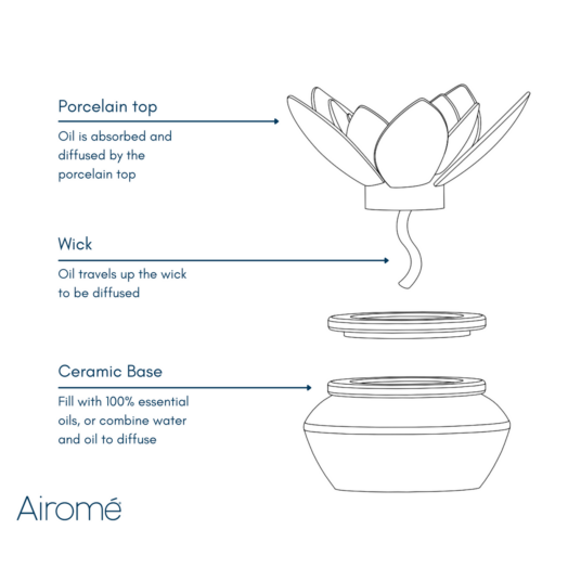 Bloom Porcelain Diffuser from Airome is a beautiful ceramic flower blooming from a wooden lid and speckled green porcelain vessel. The eucalyptus essential oil included gives off a fresh and woody aromatic scent.