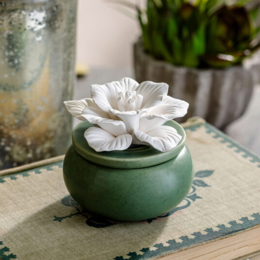 Bloom Porcelain Diffuser from Airome is a beautiful ceramic flower blooming from a wooden lid and speckled green porcelain vessel. The eucalyptus essential oil included gives off a fresh and woody aromatic scent.